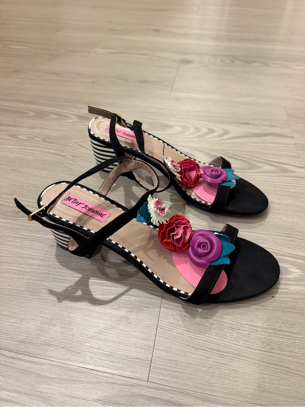 Betsey Johnson Black Floral Accent Strappy Sandals